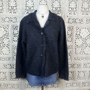 Vintage Karen Scott Dark Gray‎ 100% Wool Fuzzy Fringe Button Up Cardigan Sz M